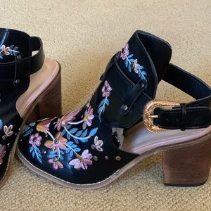 Embroidered floral western buckle mule heels